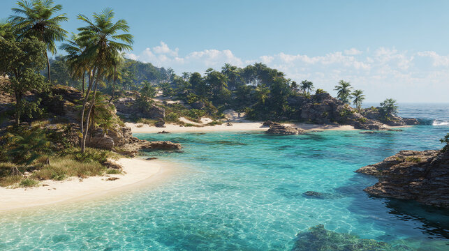 A tropical paradise with turquoise water, palm trees, and a sandy beach on a sunny day. The scene evokes a sense of tranquility and relaxation