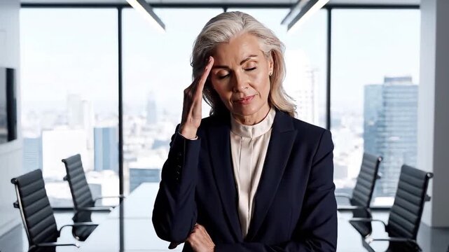 Mature businesswoman experiencing intense headache and stress in a modern corporate boardroom setting, reflecting professional burnout from work pressure