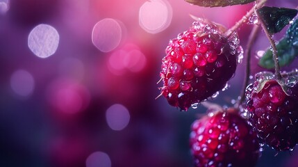 Macro Shot of Fresh Raspberries with Water Droplets and Bokeh Lights