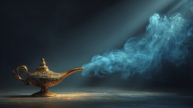 Golden magic lamp releasing soft blue smoke under light beam, mystical fantasy scene with cinematic atmosphere and realistic textures.