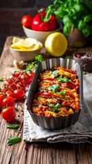 Delicious vegetable casserole, tomatoes, lemons, basil, rustic setting
