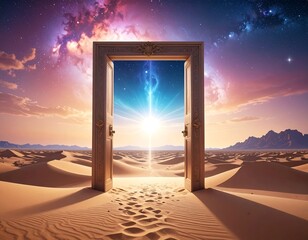Desert scene with an open doorway leading to a celestial vista