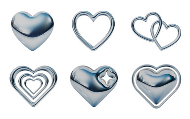 様々な種類のシルバーのハート。ぷっくりしたY2Kスタイルのメタリックな3Dアイコン。可愛いデコレーションスタンプ素材