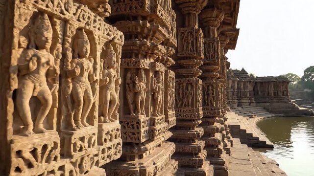 Intricate Stone Reliefs on Ancient Indian Temple Wall Modhera Sun Temple