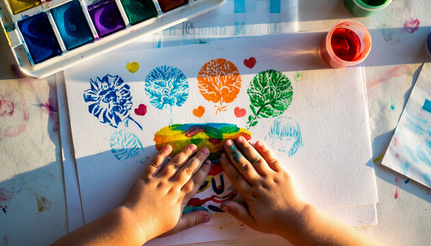 Young Children Creating Colorful Art with Hands.