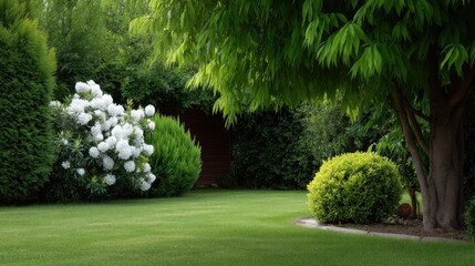 Obraz premium Lush Green Garden Landscape with Vibrant Shrubs, Flowering Bushes, and Well-Maintained Lawn in a Tranquil Outdoor Setting