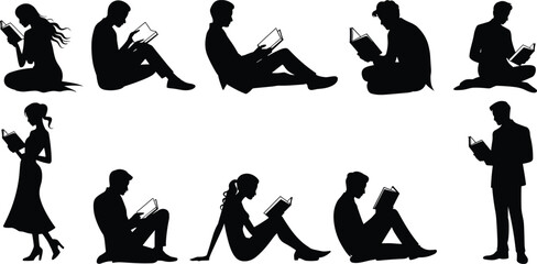 Obraz premium Reading people silhouette vector set showing men and women sitting standing with books for education knowledge concept illustration