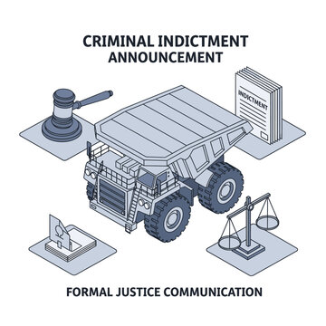 Isometric illustration of a prison truck with justice symbols and formal indictment announcement.