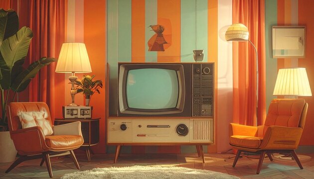Retro living room with vintage television and orange chairs, 1970s style interior