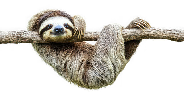 Relaxed sloth hanging upside down on a branch looking calm and serene in a natural setting