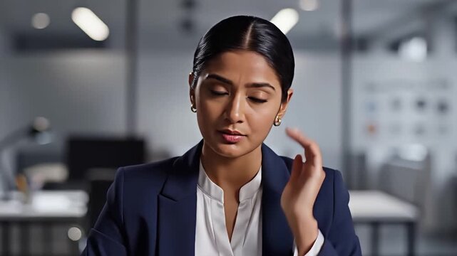 Young professional woman in a dark blue suit looking thoughtful while working in a modern office setting