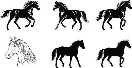 Fototapeta premium Horse silhouette and sketch collection featuring running walking equine poses black line vector illustration set animal art design