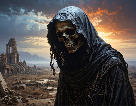 A skeletal figure cloaked in black stares somberly toward the viewer, amidst a desolate, ruined landscape under an ominous sunset