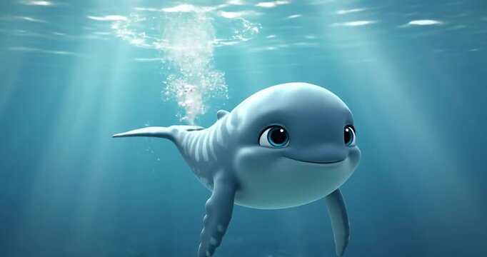 Playful cartoon whale swimming in clear ocean water with sunlight filtering through waves