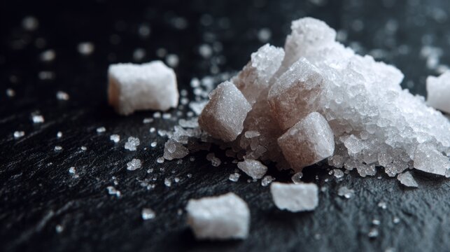Close-Up View of Granulated Sugar and Sugar Cubes on Dark Slate Surface with Soft Focus Background
