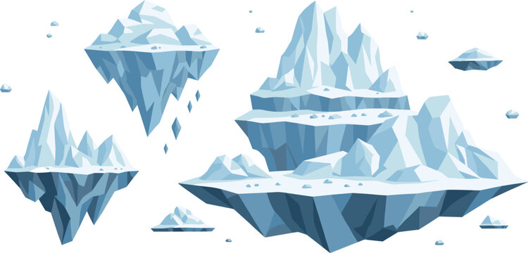 Fantasy Floating Iceberg Landscape Vector Set with Layered Frozen Islands and Arctic Peaks