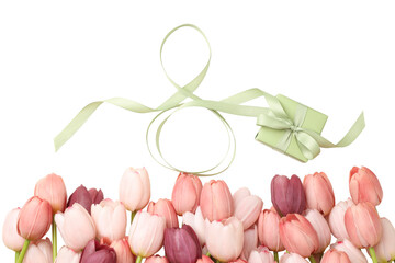 Obraz premium Colorful tulips and a gift create a festive atmosphere, isolated, PNG