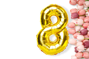 Obraz premium Colorful tulips and a gold balloon number create joy, isolated, PNG