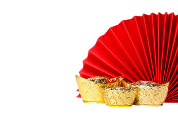 Naklejka premium Red folding fan next to three golden ingots stacked, isolated, PNG