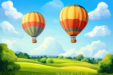 Naklejka premium Vibrant Hot Air Balloons Soaring Over Scenic Landscape