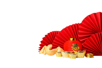 Naklejka premium Red fans, lantern, fortune cookies, and gold coins, isolated, PNG