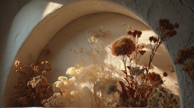 Sunlit dried flowers and plants arranged in an arched alcove, creating an artistic display