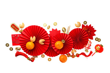 Naklejka premium Red fans, oranges, and gold coins for celebration, isolated, PNG