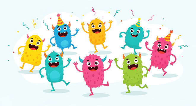 Group of cheerful colorful cartoon monsters dancing happily together.