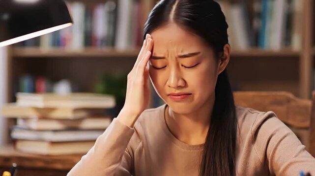 Young Asian Woman in Stress While Studying or Working Late at Desk with Bookshelves in the Background