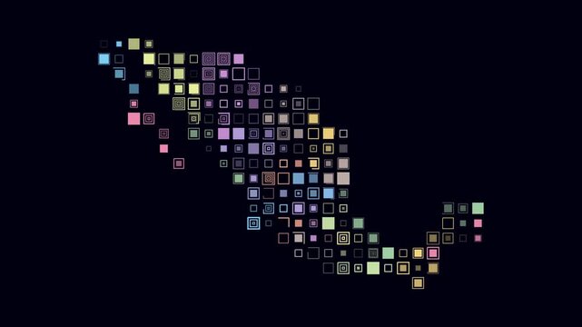 Mexico animated country shape. Pulsating colored dots on the map of the country. Large size square blocks. Digital style Mexico map on dark background. Awesome animation video.
