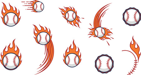 Flaming baseball vector set with fire trails, burning ball icons and dynamic sport design elements © tofajjol studio