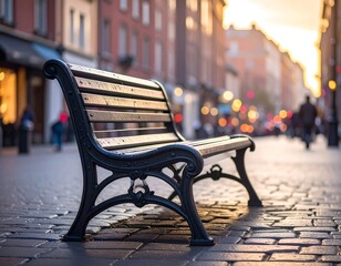 Empty park bench on cobblestone street, soft light and city bokeh