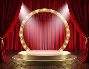 Empty stage illuminated by spotlights and a ring of lights