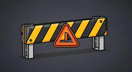 A warning road block barrier with yellow and black stripes and an alert sign