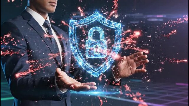 Businessman interacts with digital shield and lock icon, symbolizing cybersecurity and data protection in a futuristic environment from a frontal viewpoint.
