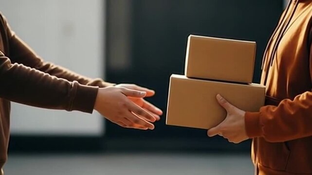 Person receiving two brown cardboard packages from a delivery person, showing a common e-commerce transaction.