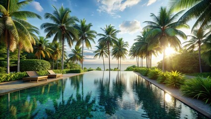 Overlooking a tranquil infinity pool, surrounded by lush tropical landscaping and private palm trees