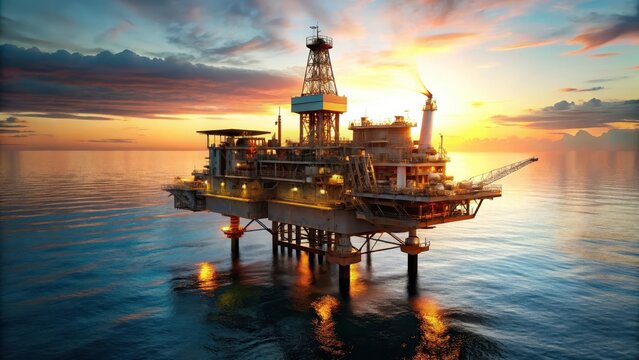 Golden Hour on the Gulf Aerial View of Majestic Offshore JackUp Oil Rig Against a Turquoise Sea Background at Sunset