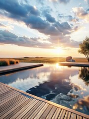 Twilight serenity descends upon a serene landscape as the golden hour lingers in the fading light