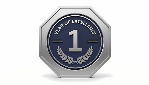 1 year of excellence silver navy octagon badge for modern business recognition and quality