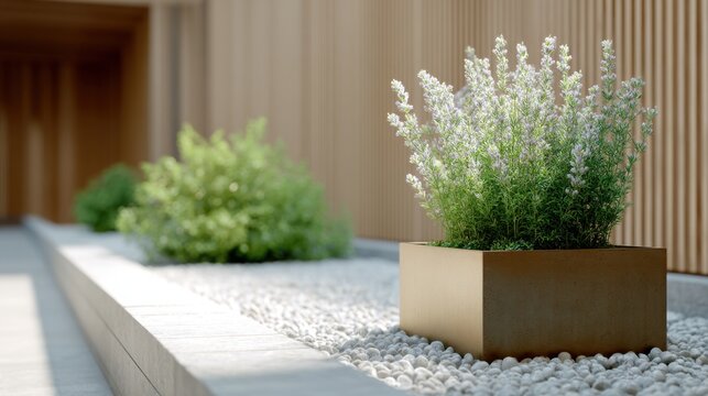 Elegant modern planter with lush greenery and delicate flowers in a serene outdoor space, featuring smooth pebbles and wooden background design elements