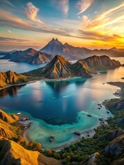 Panoramic view of Padar Islands towering volcanic peak and turquoise waters at sunset over the Indonesian archipelago