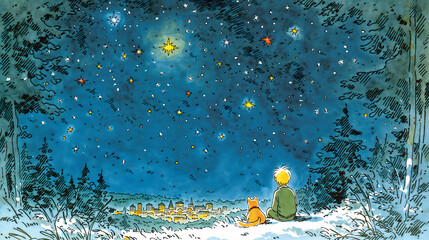 Fototapeta premium 星空を見上げる犬と少年