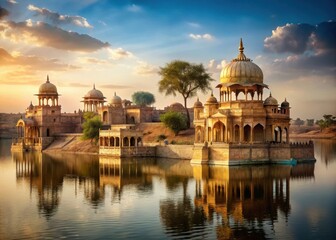 Fototapeta premium Ancient architecture rises majestically from the tranquil waters of Gadisar Lake in Jaisalmer, Rajasthan, India