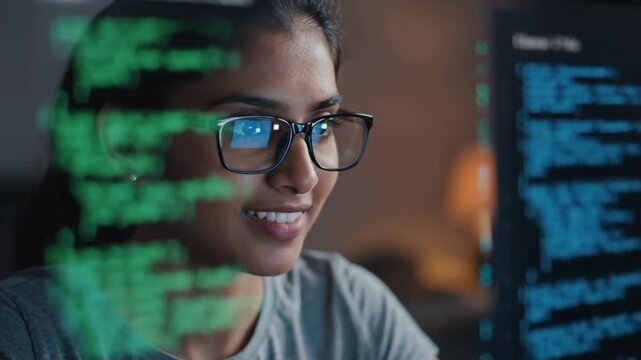 Young programmer working on computer code at night.