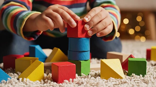 A close-up shot captures a young childs hands intently playing with vibrant wooden building blocks on a soft carpet, fostering creativity and early learning skills through constructive play and imagi.