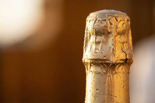 Unlabeled Champagne Bottle Neck With Gold Foil Wrapper And Condensation