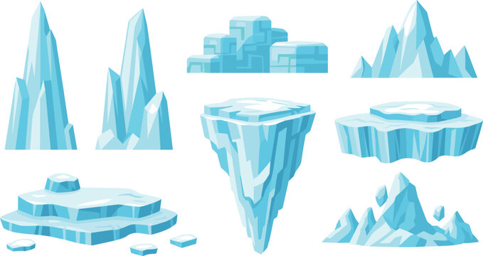 Iceberg and Glacier Vector Set with Floating Ice Platforms and Arctic Landscape Elements