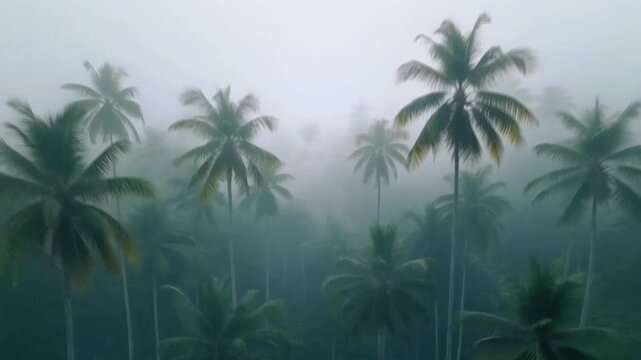 Overhead view of numerous palm trees emerging through thick fog with muted tones creating atmospheric tropical landscape