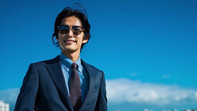 サングラスをかけスタイリッシュに決める日本人ビジネスマン